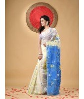 Resham Dhakai Jamdani Cotton Handloom Saree Aam Kolka Design Jamdani Saree (White Blue)