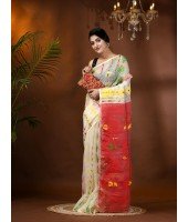 Resham Dhakai Jamdani Cotton Handloom Saree Aam Kolka Design Jamdani Saree (White Red)