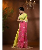  Resham Dhakai Jamdani Cotton Handloom Saree Aam Kolka Design Jamdani Saree(Yellow Pink)