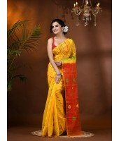  Resham Dhakai Jamdani Cotton Handloom Saree Aam Kolka Design Jamdani Saree(Yellow Red)