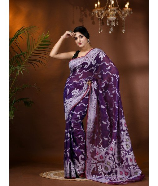  Resham Dhakai Jamdani Cotton Handloom Saree Alpana Paisle Kolka Design Jamdani Saree (Jam)