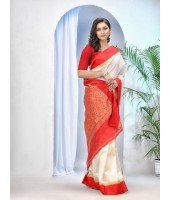 Bengal Art Garad Silk Saree Handmade Kalka with WholeBody Design Saree (Red White)