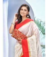 Bengal Art Garad Silk Saree Handmade Kalka with WholeBody Design Saree (Red White)