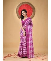 Bengal Tant Banphul Print Design Pure Handloom Cotton Saree Without Blouse Piece (Purple)