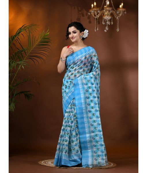  Banphul Print Design Pure Handloom Cotton Saree Without Blouse Piece (Blue)