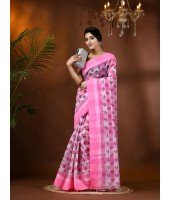 Banphul Print Design Pure Handloom Cotton Saree Without Blouse Piece (Pink)