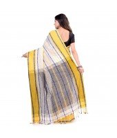 dB DESH BIDESH Women`s Traditional Bengali Begampuri Pure Handloom Cotton Saree With Blouse Piece (Yellow Grey)