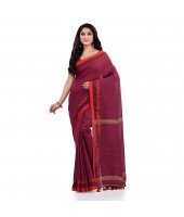 Women`s Traditional Bengali Tant Handloom Cotton Saree Loveria Design With Blouse Piece(Cranberry)