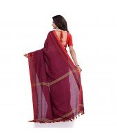 Women`s Traditional Bengali Tant Handloom Cotton Saree Loveria Design With Blouse Piece(Cranberry)