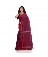 Women`s Traditional Bengali Tant Handloom Cotton Saree Loveria Design With Blouse Piece(Cranberry)