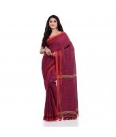 Women`s Traditional Bengali Tant Handloom Cotton Saree Loveria Design With Blouse Piece(Cranberry)