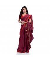 Women`s Traditional Bengali Tant Handloom Cotton Saree Loveria Design With Blouse Piece(Cranberry)