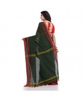 Women`s Traditional Bengali Tant Handloom Cotton Saree Loveria Design With Blouse Piece(Dark Green)