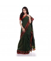 Women`s Traditional Bengali Tant Handloom Cotton Saree Loveria Design With Blouse Piece(Dark Green)