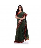 Women`s Traditional Bengali Tant Handloom Cotton Saree Loveria Design With Blouse Piece(Dark Green)