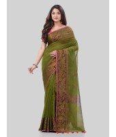 DESH BIDESH Women`s Cotton Handloom Cotton Silk Saree Gulab Work With Blouse Piece(Dark Green)