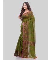 DESH BIDESH Women`s Cotton Handloom Cotton Silk Saree Gulab Work With Blouse Piece(Dark Green)