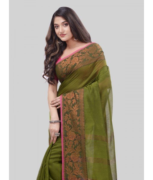 DESH BIDESH Women`s Cotton Handloom Cotton Silk Saree Gulab Work With Blouse Piece(Dark Green)