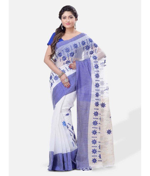  Pure Cotton Handloom Traditional Khadi Bengali Tant Saree Very Soft Cotton Materials Star Design With Blouse Piece (Blue White)   