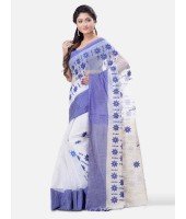  Pure Cotton Handloom Traditional Khadi Bengali Tant Saree Very Soft Cotton Materials Star Design With Blouse Piece (Blue White)   