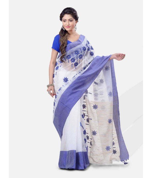  Pure Cotton Handloom Traditional Khadi Bengali Tant Saree Very Soft Cotton Materials Star Design With Blouse Piece (Blue White)   