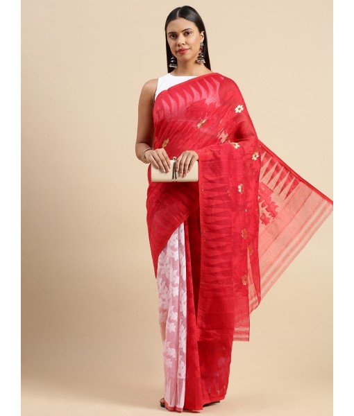 Handloom Tant Soft Dhakai Jamdani Cotton Saree Whole Body Design Without Blouse Piece (Red White)