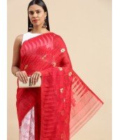 Handloom Tant Soft Dhakai Jamdani Cotton Saree Whole Body Design Without Blouse Piece (Red White)