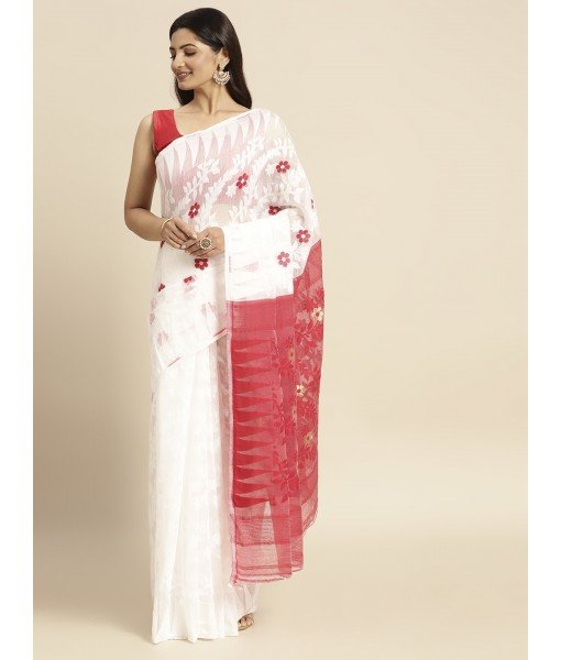 Handloom Tant Soft Dhakai Jamdani Cotton Saree Whole Body Design Without Blouse Piece (White Red Achal) 