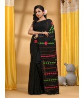 Bengali Khesh Pure Cotton Handloom Saree Diamond Designed With Blouse Piece(Black)