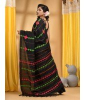 Bengali Khesh Pure Cotton Handloom Saree Diamond Designed With Blouse Piece(Black)