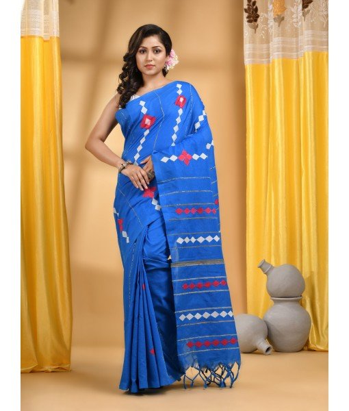 Bengali Khesh Pure Cotton Handloom Saree Diamond Designed With Blouse Piece(Sky Blue)