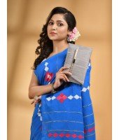 Bengali Khesh Pure Cotton Handloom Saree Diamond Designed With Blouse Piece(Sky Blue)