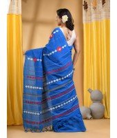 Bengali Khesh Pure Cotton Handloom Saree Diamond Designed With Blouse Piece(Sky Blue)