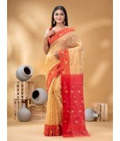  Digital MinaKarat Resham Dhakai jamdani Bengal Pure Cotton Handloom Saree Whole Body Design without Blouse Piece (Off White Red)