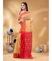  Digital MinaKarat Resham Dhakai jamdani Bengal Pure Cotton Handloom Saree Whole Body Design without Blouse Piece (Off White Red)