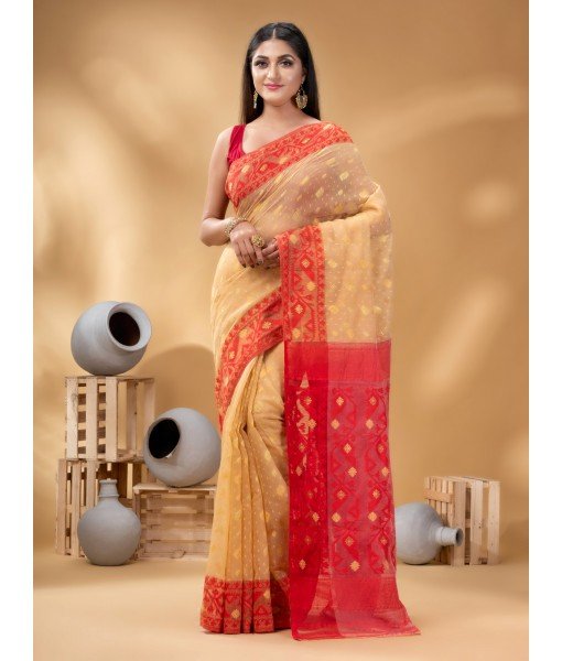  Digital MinaKarat Resham Dhakai jamdani Bengal Pure Cotton Handloom Saree Whole Body Design without Blouse Piece (Off White Red)