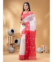  Digital MinaKarat Resham Dhakai jamdani Bengal Pure Cotton Handloom Saree Whole Body Design without Blouse Piece (White Red)