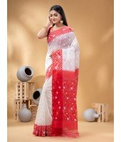  Digital MinaKarat Resham Dhakai jamdani Bengal Pure Cotton Handloom Saree Whole Body Design without Blouse Piece (White Red)