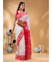  Digital MinaKarat Resham Dhakai jamdani Bengal Pure Cotton Handloom Saree Whole Body Design without Blouse Piece (White Red)