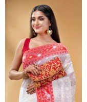  Digital MinaKarat Resham Dhakai jamdani Bengal Pure Cotton Handloom Saree Whole Body Design without Blouse Piece (White Red)