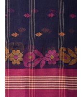 Traditional Pure Handloom Cotton Saree Flower Leaf Kolka Woven Design Without Blouse Piece (Deep Blue)