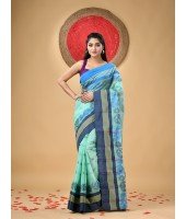 Traditional Pure Handloom Cotton Saree Flower Leaf Kolka Woven Design Without Blouse Piece (Firoza)