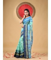 Traditional Pure Handloom Cotton Saree Flower Leaf Kolka Woven Design Without Blouse Piece (Firoza)