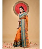 Traditional Pure Handloom Cotton Saree Flower Leaf Kolka Woven Design Without Blouse Piece (Orange)