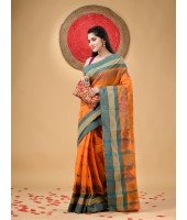 Traditional Pure Handloom Cotton Saree Flower Leaf Kolka Woven Design Without Blouse Piece (Orange)