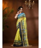 Traditional Pure Handloom Cotton Saree Flower Leaf Kolka Woven Design Without Blouse Piece (Yellow)