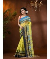 Traditional Pure Handloom Cotton Saree Flower Leaf Kolka Woven Design Without Blouse Piece (Yellow)