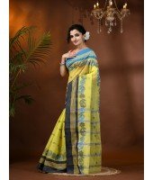 Traditional Pure Handloom Cotton Saree Flower Leaf Kolka Woven Design Without Blouse Piece (Yellow)