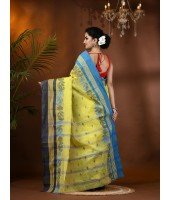 Traditional Pure Handloom Cotton Saree Flower Leaf Kolka Woven Design Without Blouse Piece (Yellow)