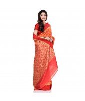 dB DESH BIDESH Women`s Bengal Kanchipuram Art Silk Saree Handmade Whole Body Garad Design With Running Blouse Fanta